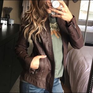 Faux Leather Bomber Jacket Brown